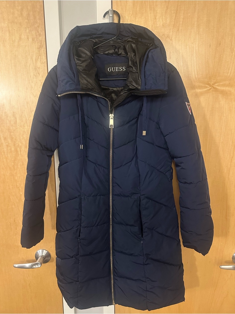 GUESS Navy Quilted Long Puffer Coat